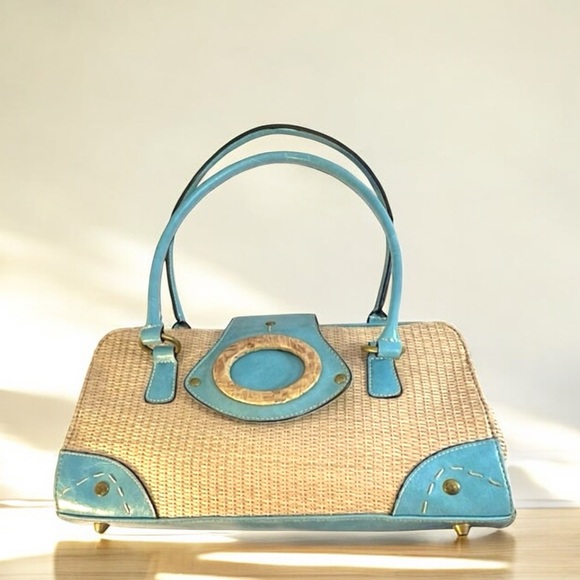 VINTAGE 70s Faux Straw and Aqua Satchel - Picture 14 of 14